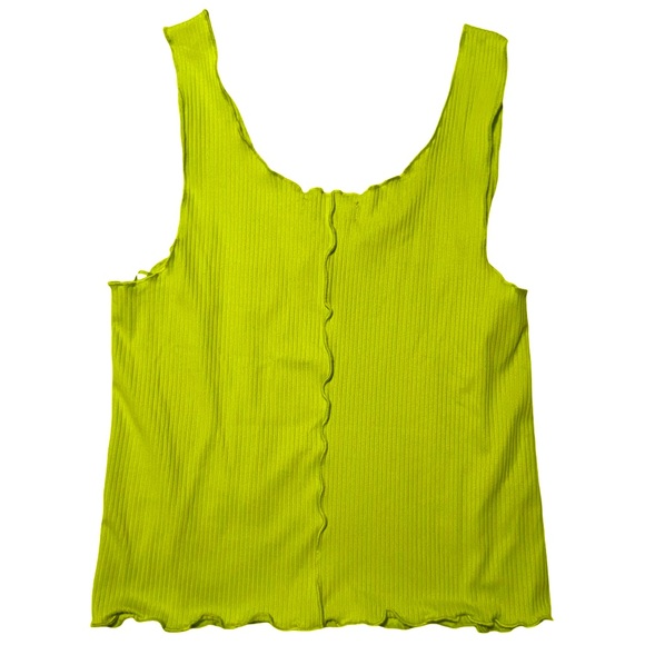 Bright Green Tank Top, Acid Green Ribbed Knit Tee, Wavy Hem, Exposed Seams, New - Picture 2 of 5